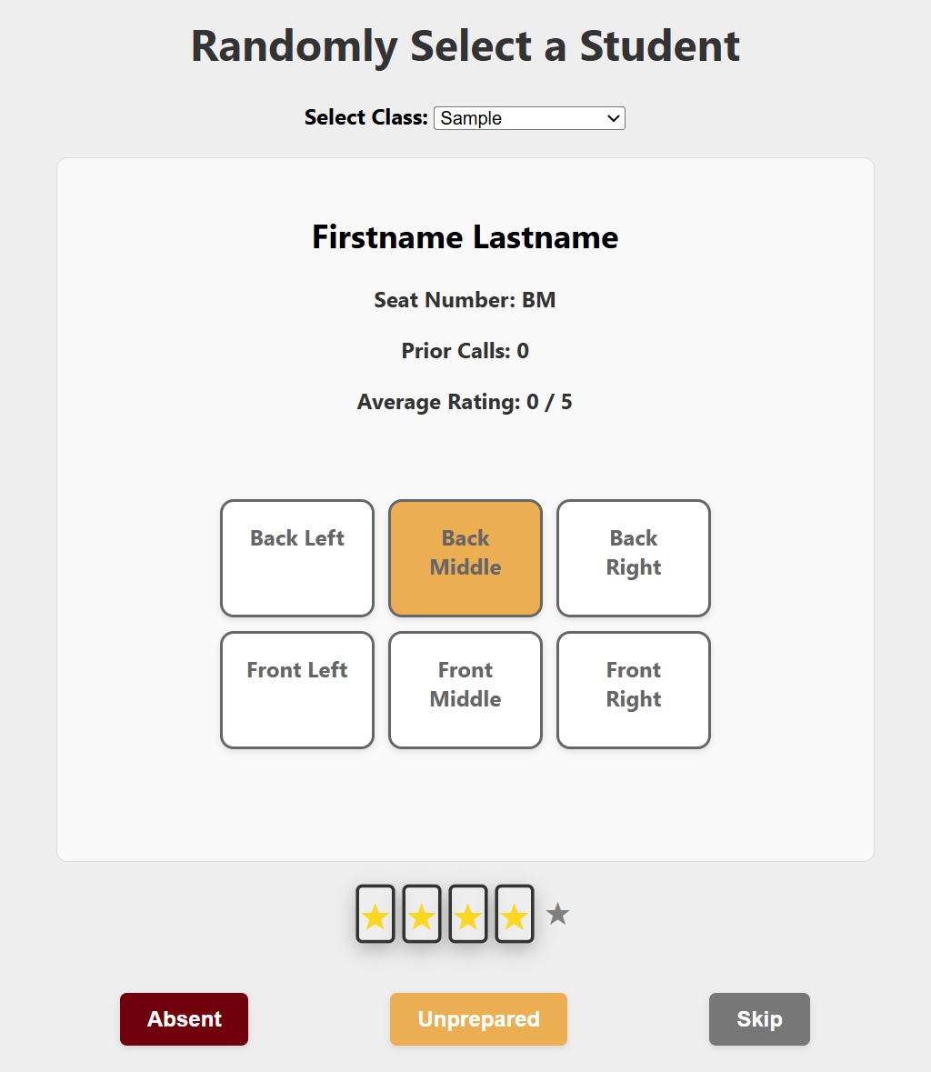 App interface showing student selection